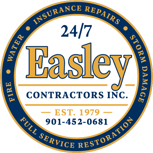 Easley Contractors Inc. badge: 24/7 full service restoration, water, fire, storm damage and insurance repairs, established 1979